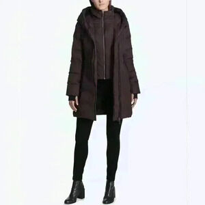 DKNY Women's Petite Asymmetrical Faux Leather Trim Black Puffer Coat Sz PS $190